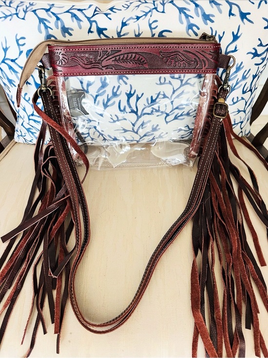 Myra Bag Handbags - Myra Bag Clear Crossbody with Brown Tooled Leather and Fringe
